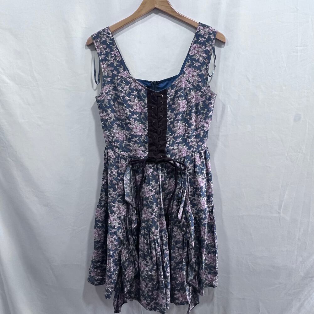 Women's Floral Print Lace-Up Bodice Boho Western Style Swing Mini Dress Size 8